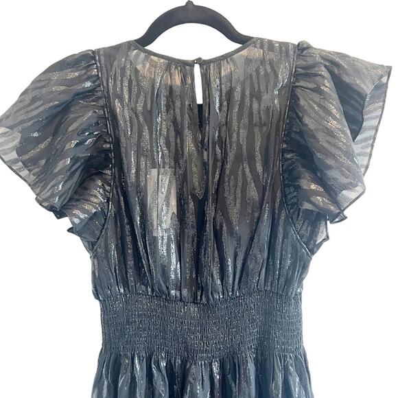 NWT Rebecca Taylor $595 Silk Metallic Ruffle Sleeve Safari Midi Dress - Picture 5 of 9